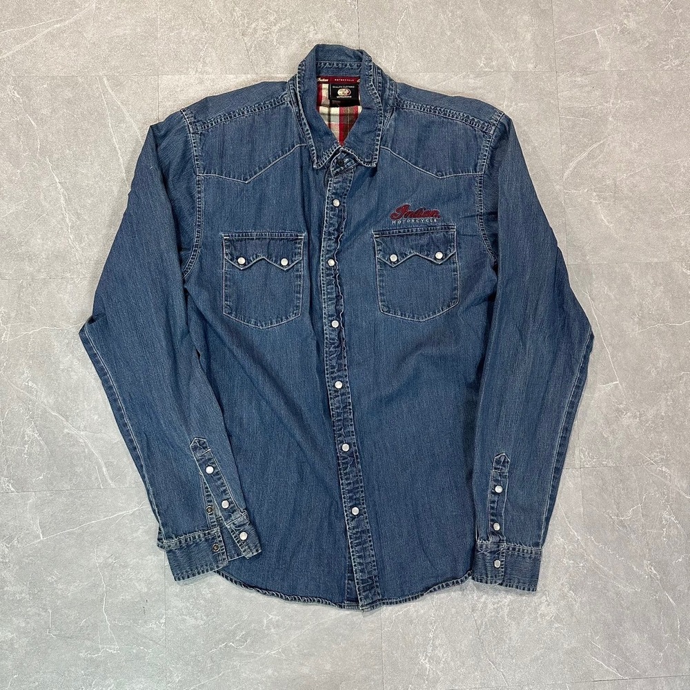 Indian Motorcycle Mens Blue Denim Western Pearl Snap Shirt Plaid Lined L